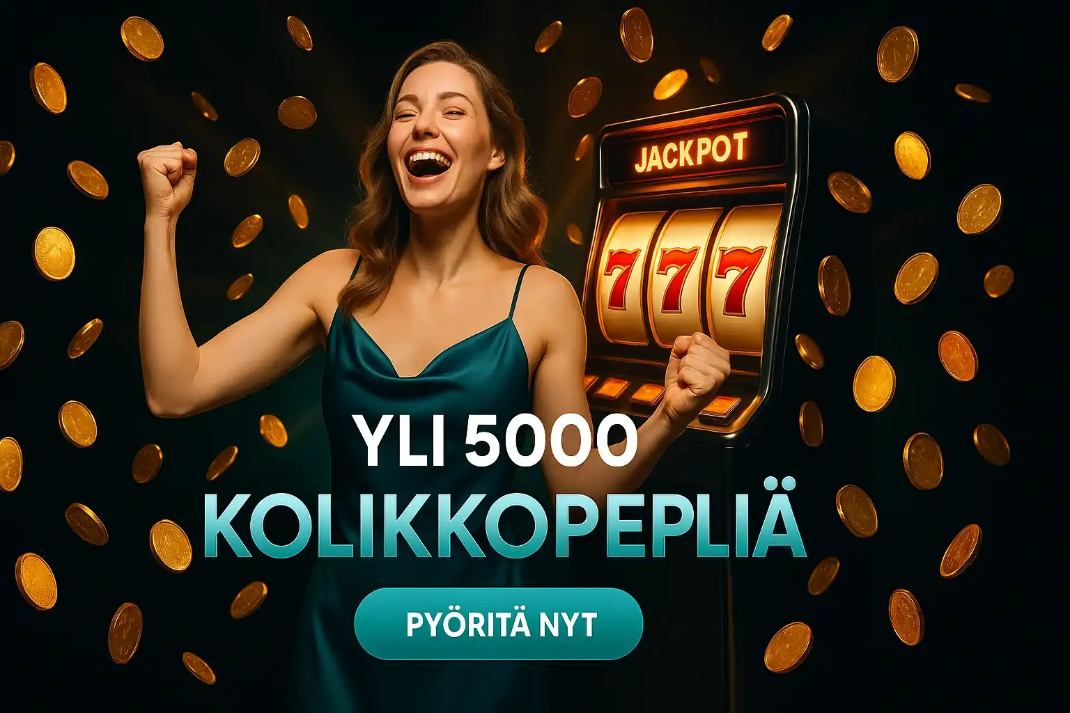 Suomalainen kasinobanneri, nainen juhlii, kolikot sataa, 777-jackpot taustalla