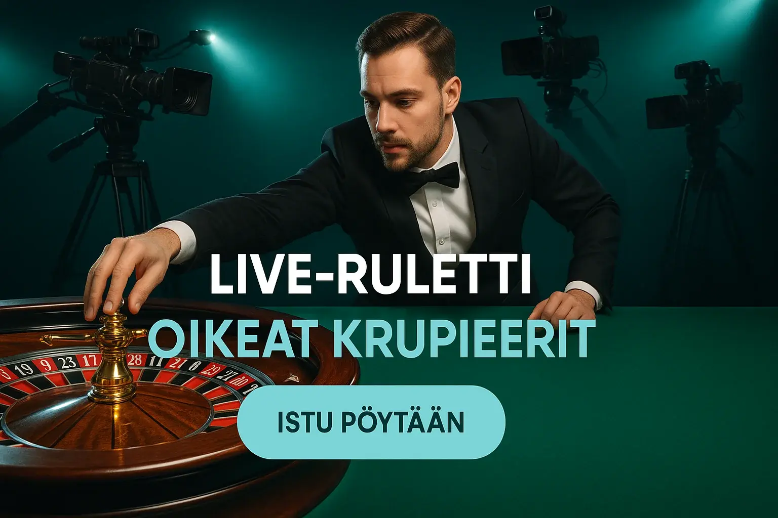 Fotorealistinen live-kasino banneri, krupieeri ja rulettipyörä, CTA-nappi