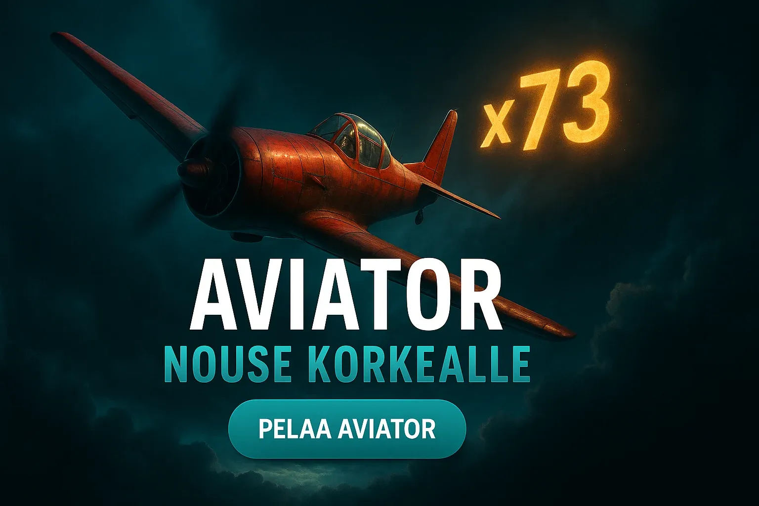 Fotorealistinen Aviator-kasinobanneri, lentokone myrskytaivaalla ja x73-kerroin