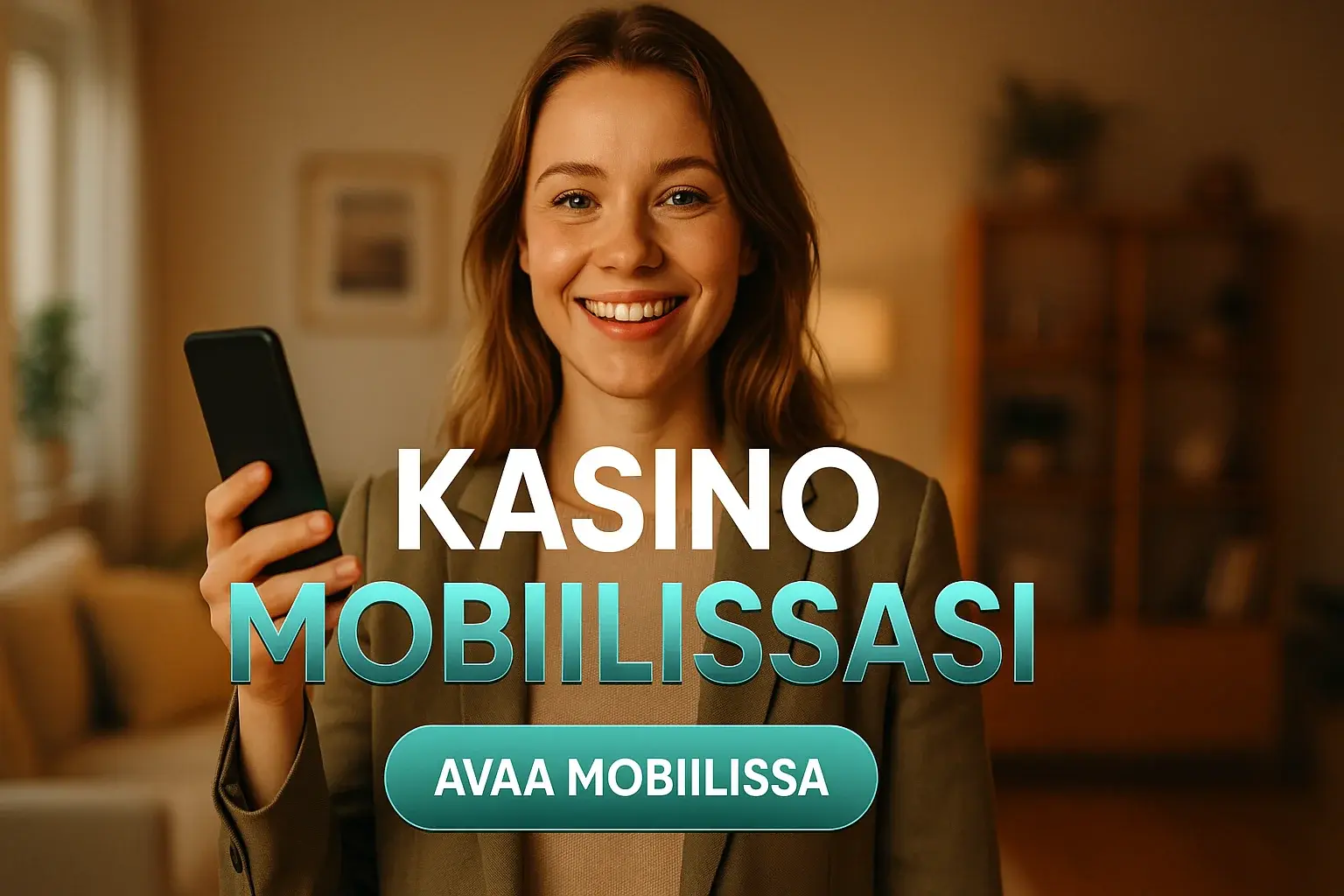Suomalainen nainen pitelee älypuhelinta, mobiilikasino-teksti ja CTA-painike