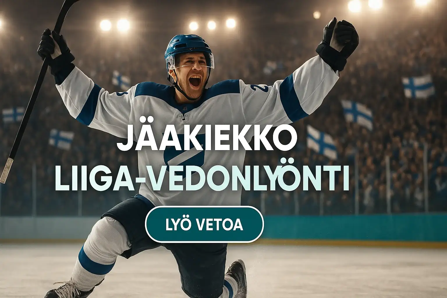 Suomalainen jääkiekkoilija juhlii maalia, Liiga-vedonlyönti kasinobanneri 16:9